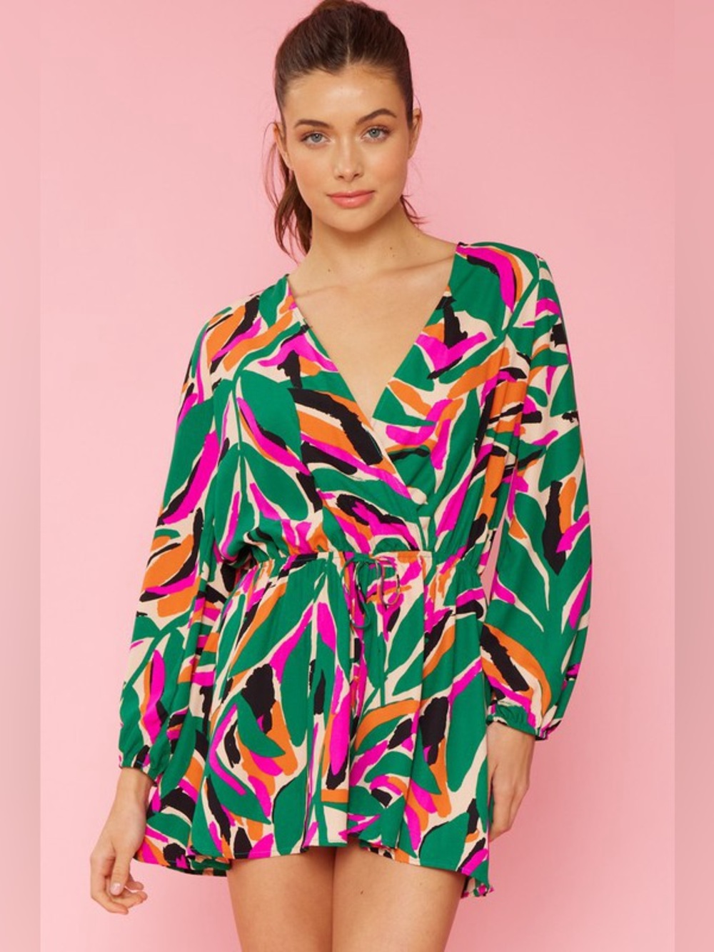 Bright Green Abstract Print Wrap Romper